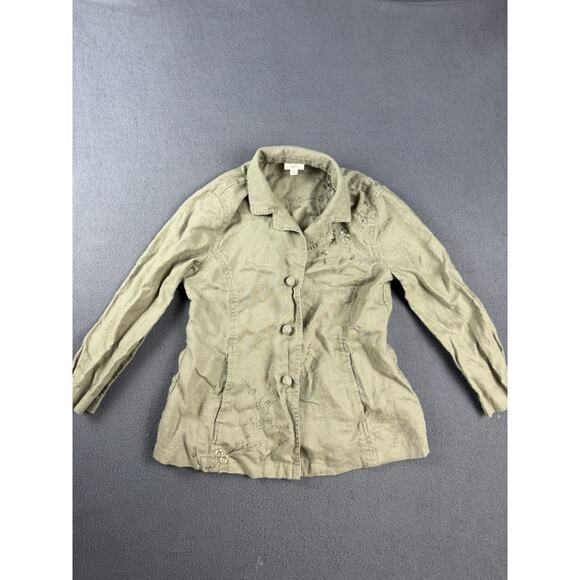 J. Jill Linen Button Sz Small Olive Green Embroidered Jacket, 100% Linen - Picture 1 of 7